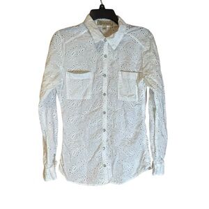 Democracy‎ Womens White Eyelet Pearl Snap Shirt Large Western Boho Embroidered